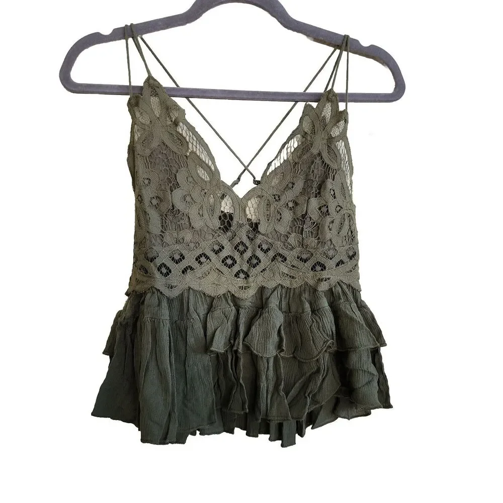 Free‎ People Adela Cami Olive Green Tank Top Size M  Lace NWT  Party Cami - Picture 3 of 12